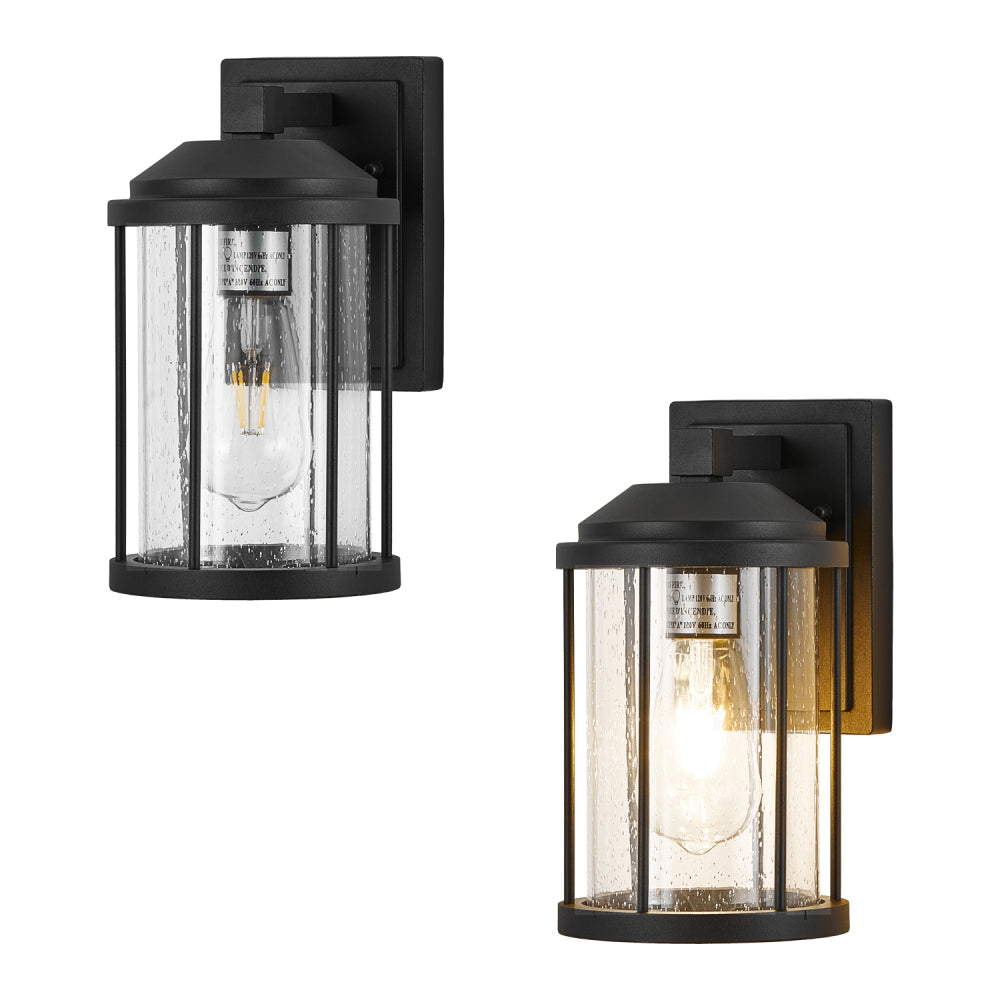 Outdoor Wall Sconces 2 Pack – Black Exterior Light Fixtures with Seeded Glass