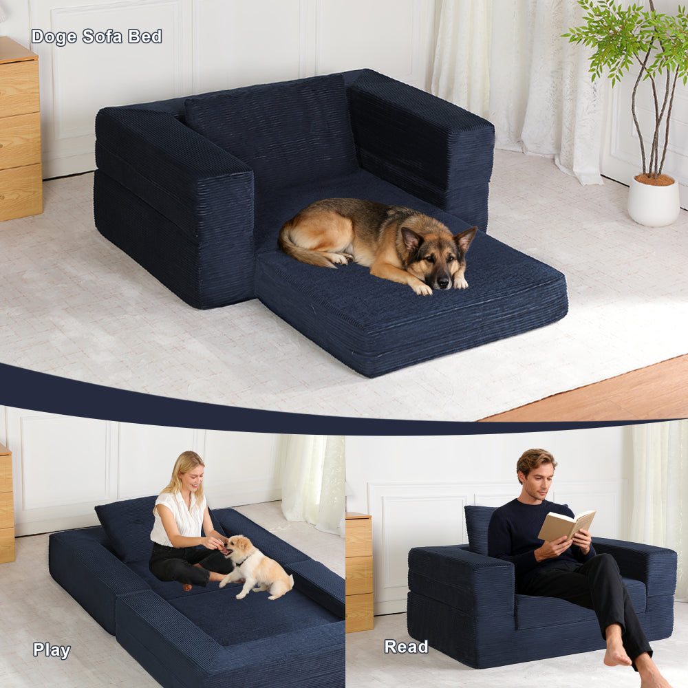 3-in-1 Floor Sofa Bed for Humans & Pets | No-Assembly Corduroy Lounger with Memory Foam & Pillow — Dark Blue