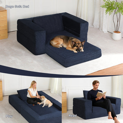 3-in-1 Floor Sofa Bed for Humans & Pets | No-Assembly Corduroy Lounger with Memory Foam & Pillow — Dark Blue