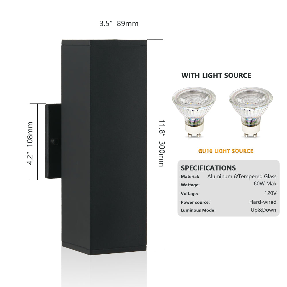 Modern black outdoor wall sconce with dimensions 300mm x 89mm x 108mm, made of aluminum and tempered glass, featuring GU10 light source for up and down lighting.