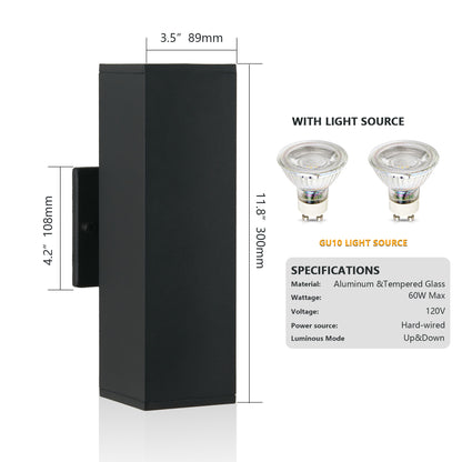 Modern black outdoor wall sconce with dimensions 300mm x 89mm x 108mm, made of aluminum and tempered glass, featuring GU10 light source for up and down lighting.
