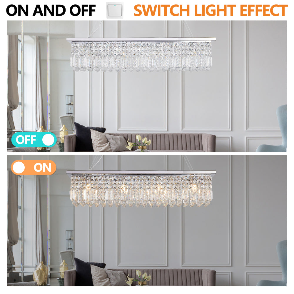 39.4-inch rectangular crystal raindrop chandelier in a modern dining room, displaying on and off light effects with crystal drops sparkling when illuminated.