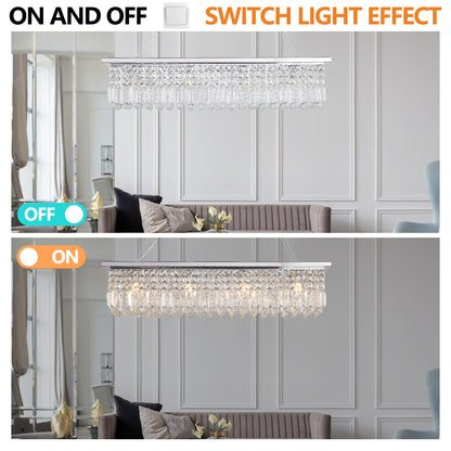 39.4-inch rectangular crystal raindrop chandelier in a modern dining room, displaying on and off light effects with crystal drops sparkling when illuminated.