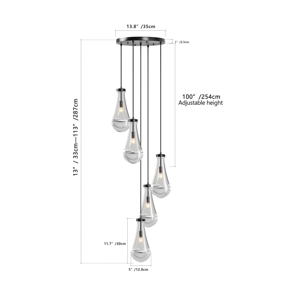 5-light raindrop cluster pendant chandelier with hand-blown clear glass drops, matte black finish, adjustable height up to 100 inches for high ceilings.