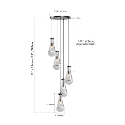 5-light raindrop cluster pendant chandelier with hand-blown clear glass drops, matte black finish, adjustable height up to 100 inches for high ceilings.