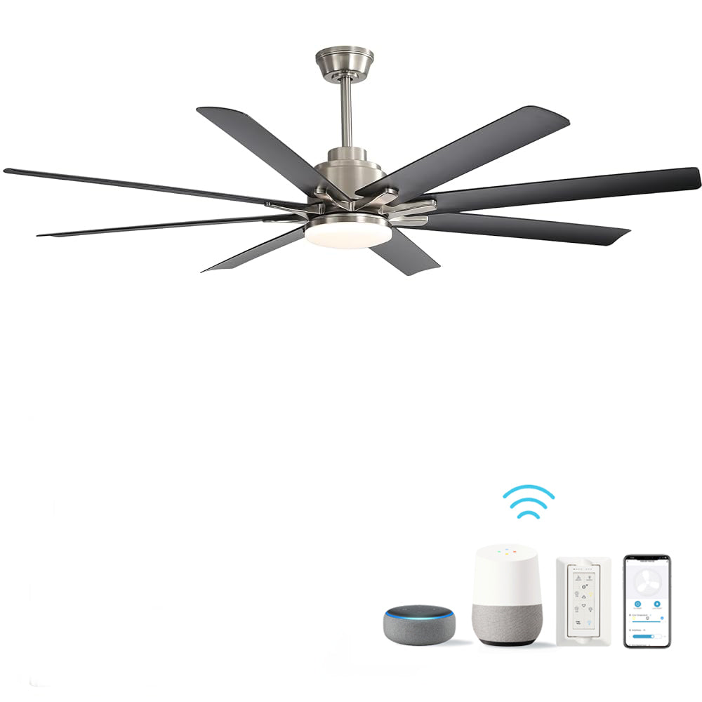 66" Smart Ceiling Fan with LED Light | 8-Blade Dimmable Fan with DC Motor, Remote, App & Voice Control — Alexa & Google Home Compatible Brushed Nickel