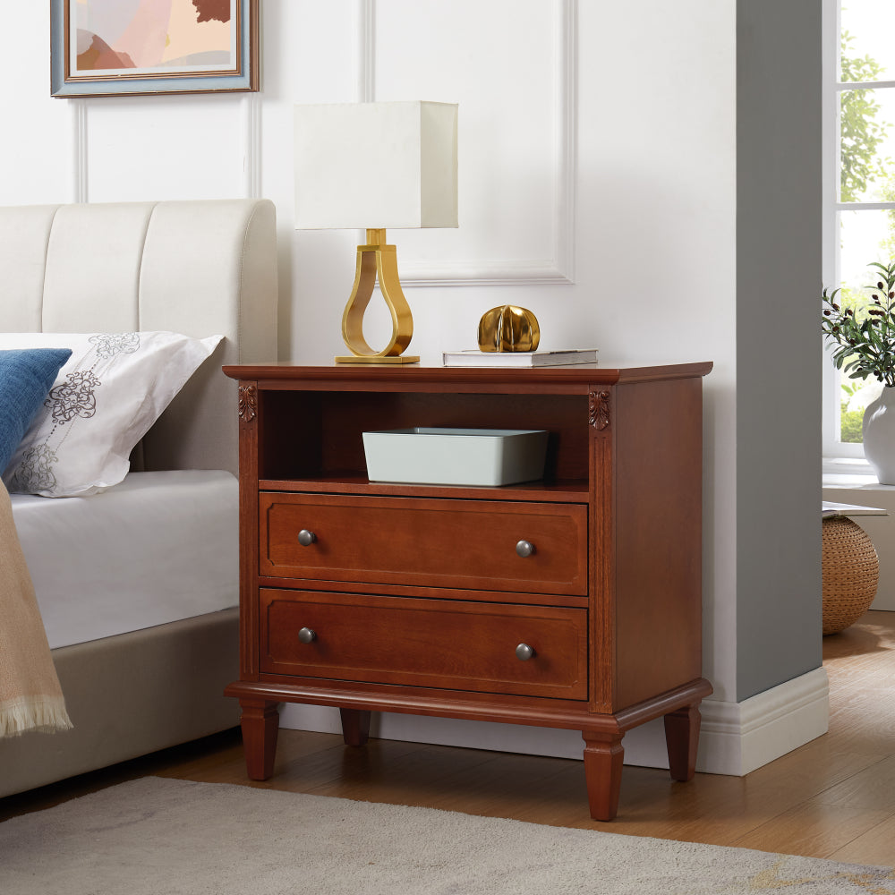 Farmhouse Nightstand with Charging Station | 2 Drawers & Open Shelf | Fluted Side Table with Solid Wood Legs Walnut
