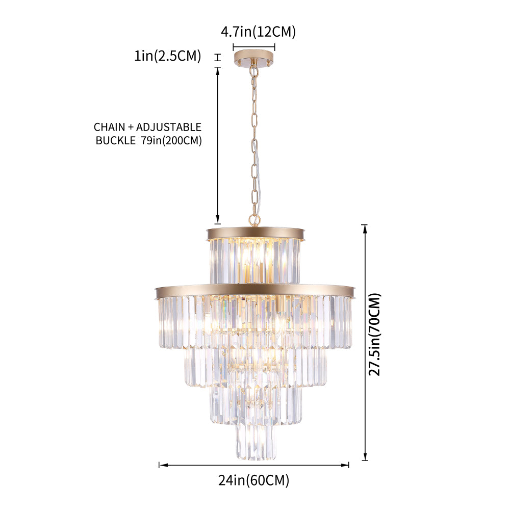 23.6-inch 5-tier K9 crystal chandelier with 15 lights, gold frame, with dimensions: 24in width, 27.5in height, adjustable chain up to 79in.