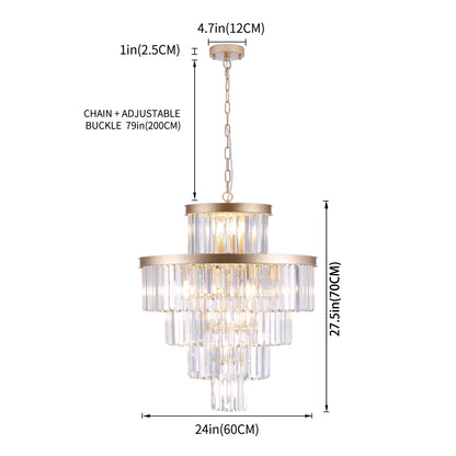 23.6-inch 5-tier K9 crystal chandelier with 15 lights, gold frame, with dimensions: 24in width, 27.5in height, adjustable chain up to 79in.