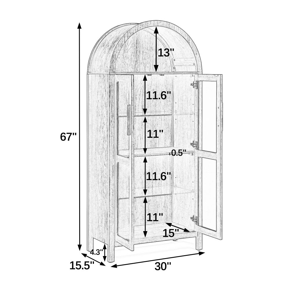 High-Arched Storage Cabinet with LED Light Modern Retro Wood Glass Display Cabinet with Adjustable Shelves Black