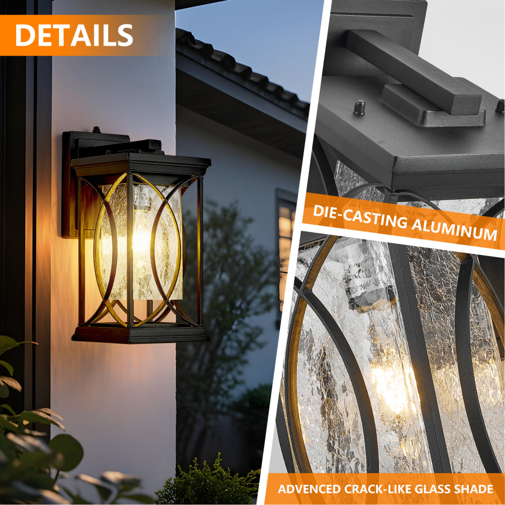 13.8" Oil-Rubbed Bronze Outdoor Wall Lantern | IP65 Waterproof Dusk-to-Dawn Sconce with Crack-Glass & Manual Override — Porch, Garage & Front Door