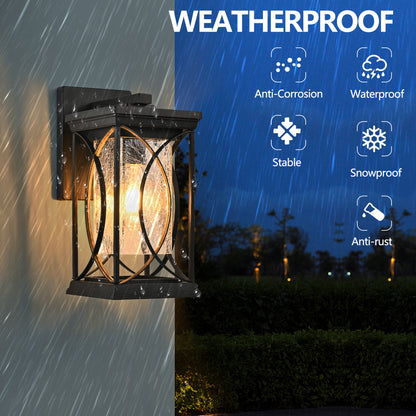 Black Outdoor Wall Lantern with Crackled Glass | 14" Modern Porch Light, E26 Base