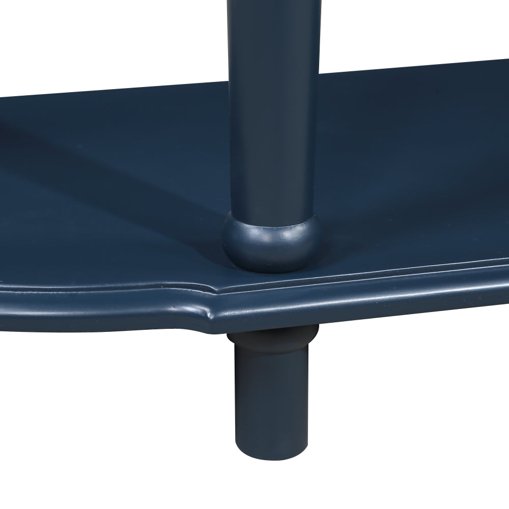 Retro Half-Moon Console Table with 2 Drawers & Open Shelf | 52" Curved Solid Wood Sofa Table — Navy Blue & Brown