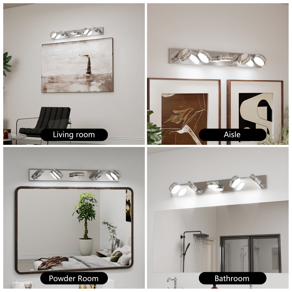Collage of modern chrome LED vanity light bar installed in living room, aisle, powder room, and bathroom settings