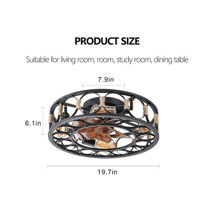 Caged Flush Mount Ceiling Fan with LED Lights & Remote – Farmhouse Matte Black, 6 Speeds & Reversible DC Motor