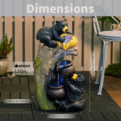 Bear Outdoor Water Fountain with LED Lights | 23.62" Cascading Garden Fountain with Climbing Bear Design — Patio, Yard & Balcony
