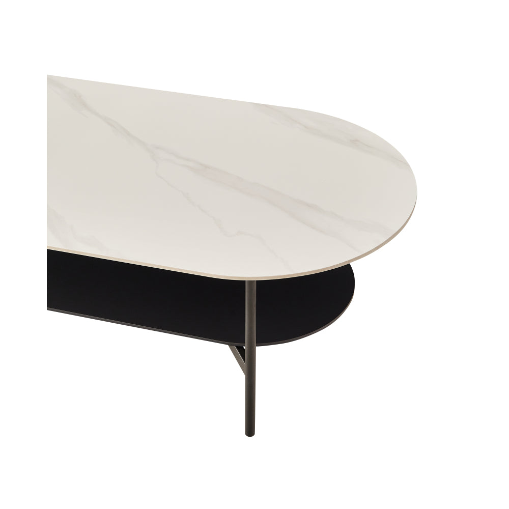 Ceramic Sintered Stone Coffee Table with Walnut Shelf | 47" Double-Layer Living Room Center Table — White & Coffee Brown