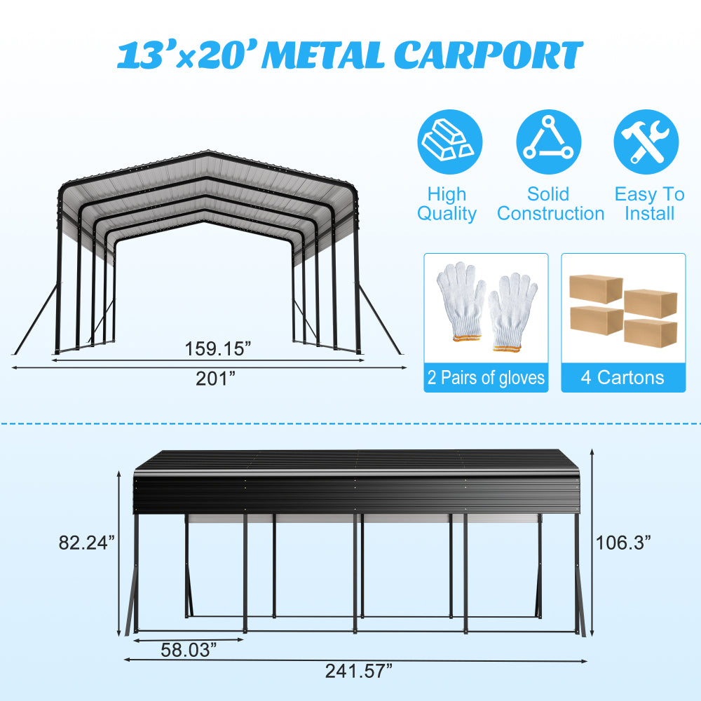 13×20 FT Metal Carport | Heavy-Duty Galvanized Steel Hardtop with Triangle Reinforced Frame & 4 Poles — All-Weather Vehicle & Outdoor Storage Shelter