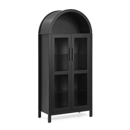 High-Arched Storage Cabinet with LED Light Modern Retro Wood Glass Display Cabinet with Adjustable Shelves Black