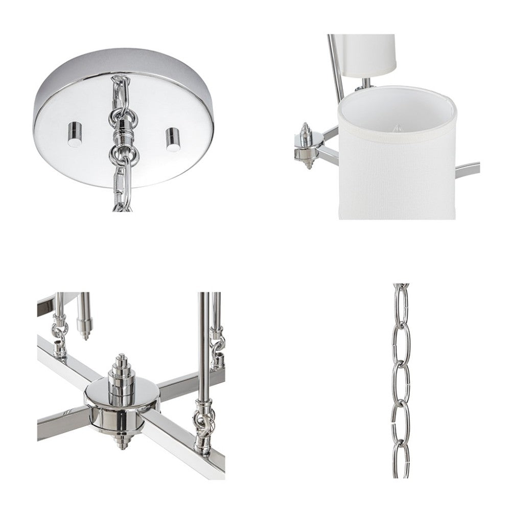 Detail collage of Bedford Collection 6-light chandelier showing chrome ceiling mount, white drum shade, curved frame, and chain.