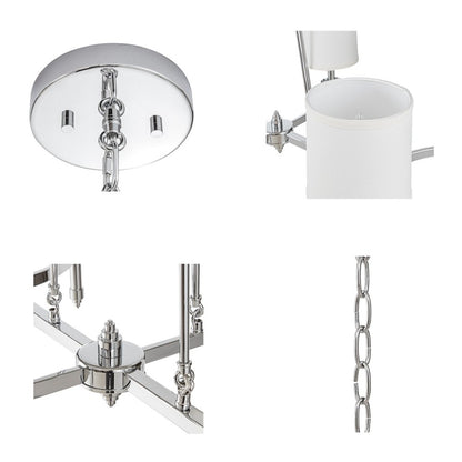 Detail collage of Bedford Collection 6-light chandelier showing chrome ceiling mount, white drum shade, curved frame, and chain.
