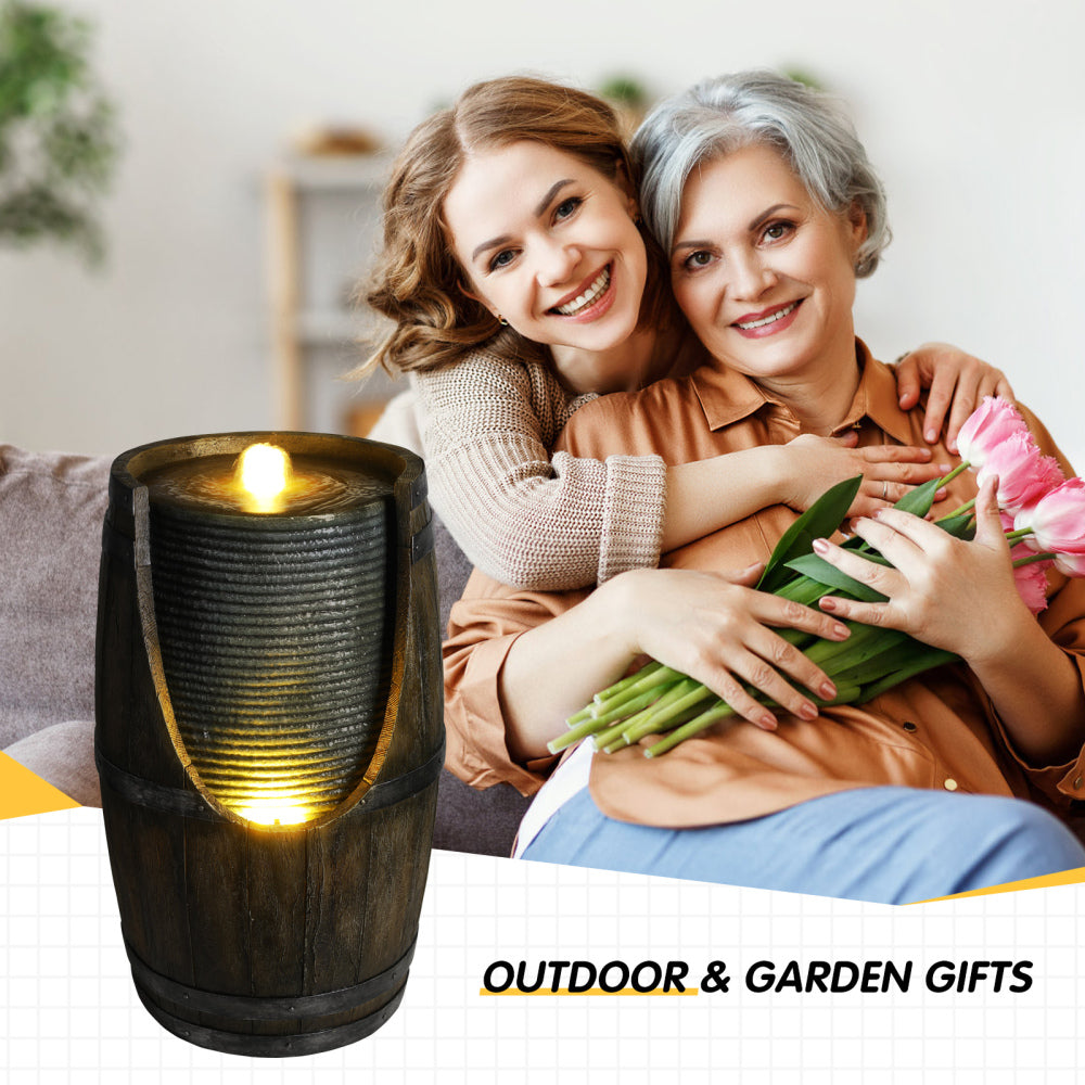 Rustic Barrel Outdoor Water Fountain with LED Lights | Resin Farmhouse Waterfall Fountain for Patio, Porch & Yard