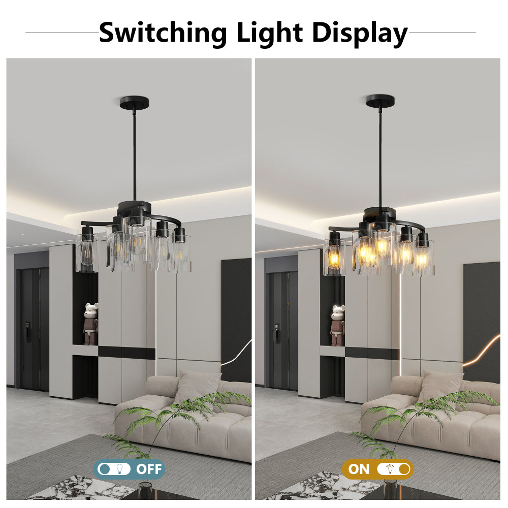 Modern Farmhouse 6-light chandelier with clear glass shades, shown in off and on states, highlighting warm light in a living room setting.