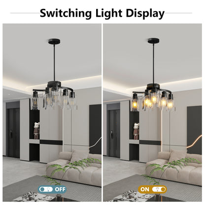 Modern Farmhouse 6-light chandelier with clear glass shades, shown in off and on states, highlighting warm light in a living room setting.