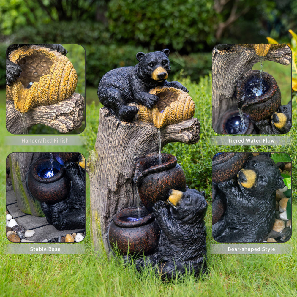 Bear Outdoor Water Fountain with LED Lights | 23.62" Cascading Garden Fountain with Climbing Bear Design — Patio, Yard & Balcony