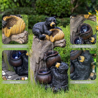 Bear Outdoor Water Fountain with LED Lights | 23.62" Cascading Garden Fountain with Climbing Bear Design — Patio, Yard & Balcony