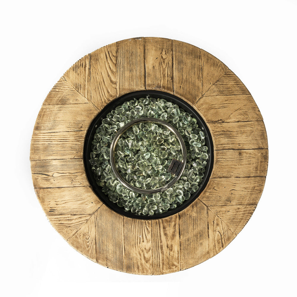 30" Propane Fire Pit Table | 50,000 BTU Round Steel Fire Pit with Wood-Grain Finish & Glass Stones