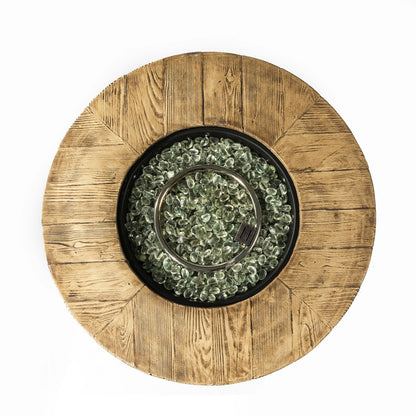 30" Propane Fire Pit Table | 50,000 BTU Round Steel Fire Pit with Wood-Grain Finish & Glass Stones