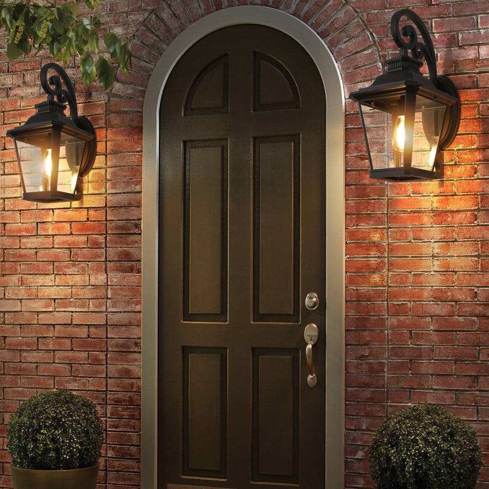 Vintage Black Outdoor Wall Lantern – 21" Farmhouse Sconce with Clear Glass & Scroll Detail