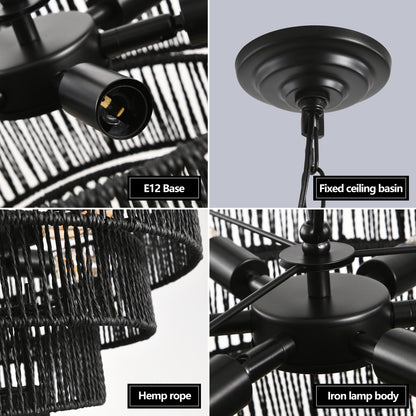 Close-up of black hemp rope chandelier components: E12 base, fixed ceiling basin, hemp rope weave, and iron lamp body.