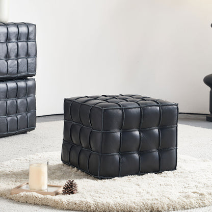 Black Genuine Leather Tufted Ottoman – 17" Square Footstool, Multi-Use, Solid Wood Base
