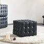 Black Genuine Leather Tufted Ottoman – 17" Square Footstool, Multi-Use, Solid Wood Base