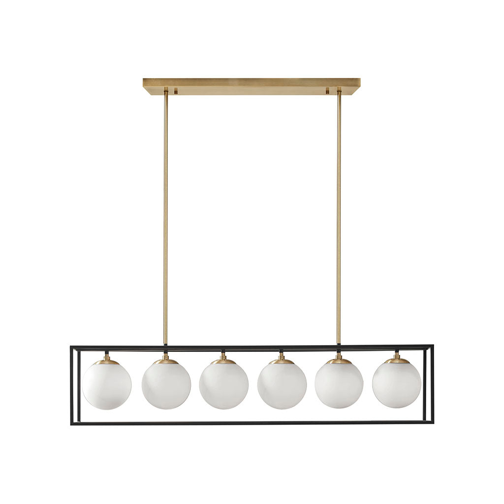 6-Light Industrial Linear Chandelier – Frosted Glass Globe & Antique Brass | Dining Room & Kitchen Island