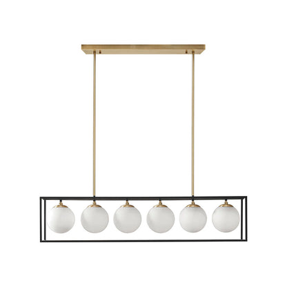 6-Light Industrial Linear Chandelier – Frosted Glass Globe & Antique Brass | Dining Room & Kitchen Island