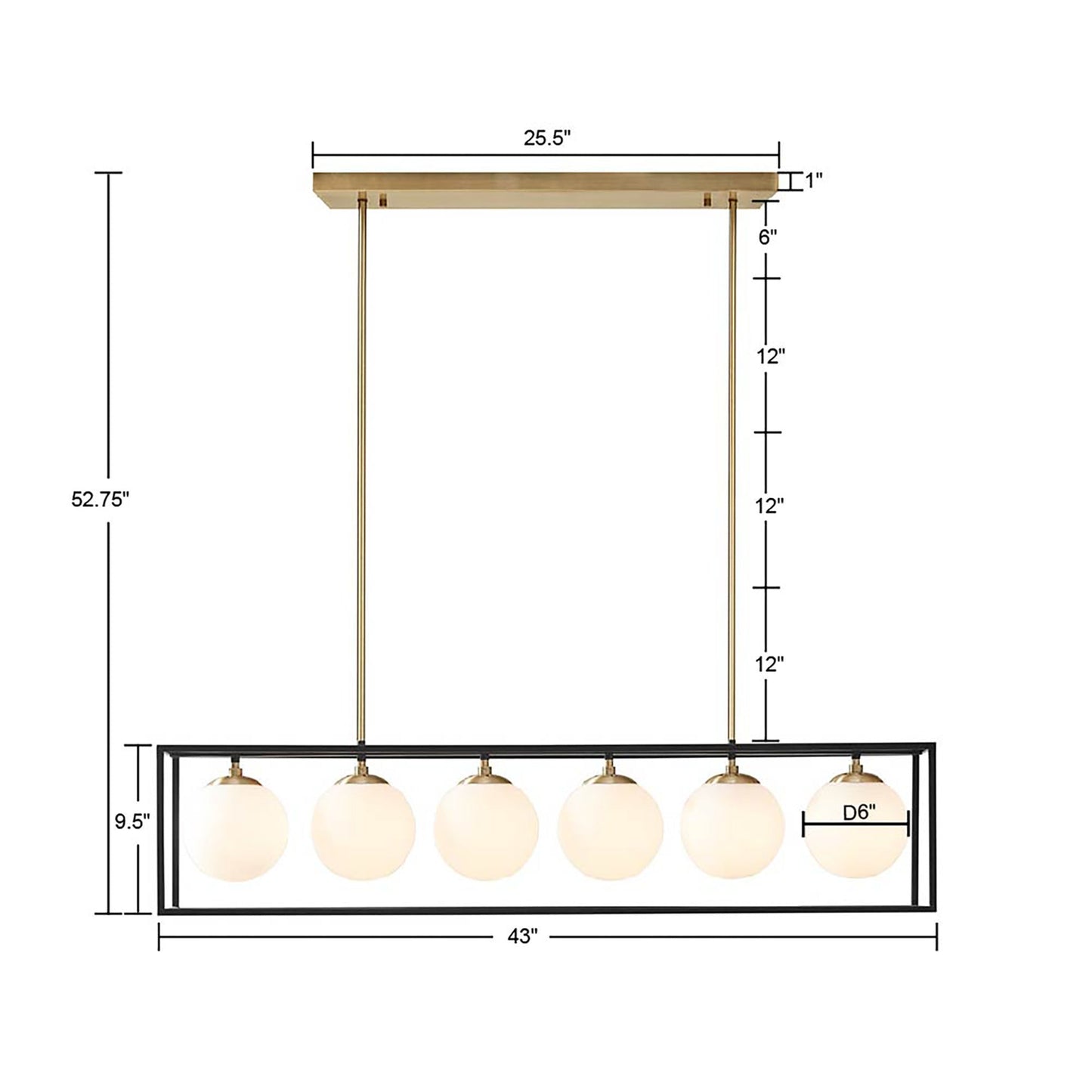 6-Light Industrial Linear Chandelier – Frosted Glass Globe & Antique Brass | Dining Room & Kitchen Island