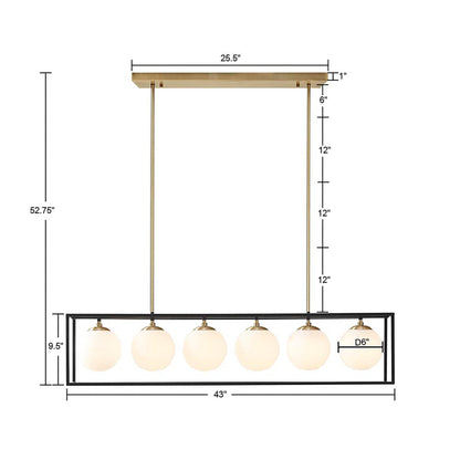 6-Light Industrial Linear Chandelier – Frosted Glass Globe & Antique Brass | Dining Room & Kitchen Island