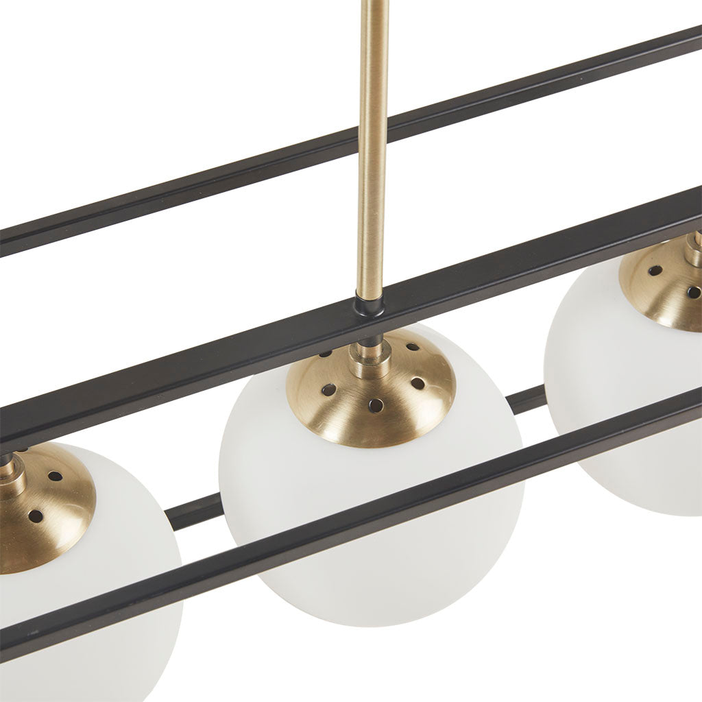 6-Light Industrial Linear Chandelier – Frosted Glass Globe & Antique Brass | Dining Room & Kitchen Island