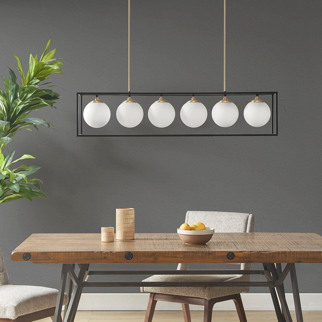 6-Light Industrial Linear Chandelier – Frosted Glass Globe & Antique Brass | Dining Room & Kitchen Island