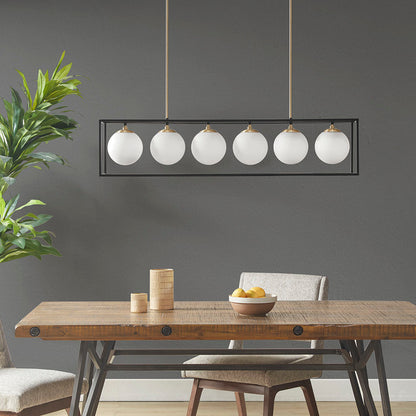 6-Light Industrial Linear Chandelier – Frosted Glass Globe & Antique Brass | Dining Room & Kitchen Island