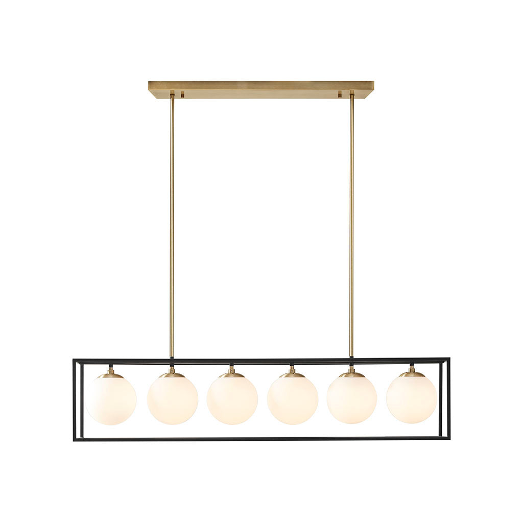 6-Light Industrial Linear Chandelier – Frosted Glass Globe & Antique Brass | Dining Room & Kitchen Island