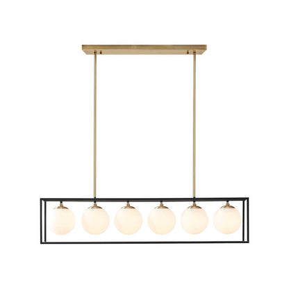 6-Light Industrial Linear Chandelier – Frosted Glass Globe & Antique Brass | Dining Room & Kitchen Island