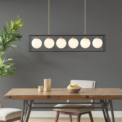 6-Light Industrial Linear Chandelier – Frosted Glass Globe & Antique Brass | Dining Room & Kitchen Island