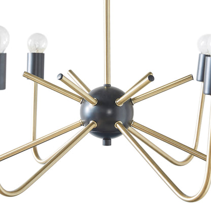 6-Light Antique Brass & Black Chandelier | Modern Two-Tone Ceiling Light with Upright Angular Arms — Adjustable 19"–49", Dining Room & Kitchen