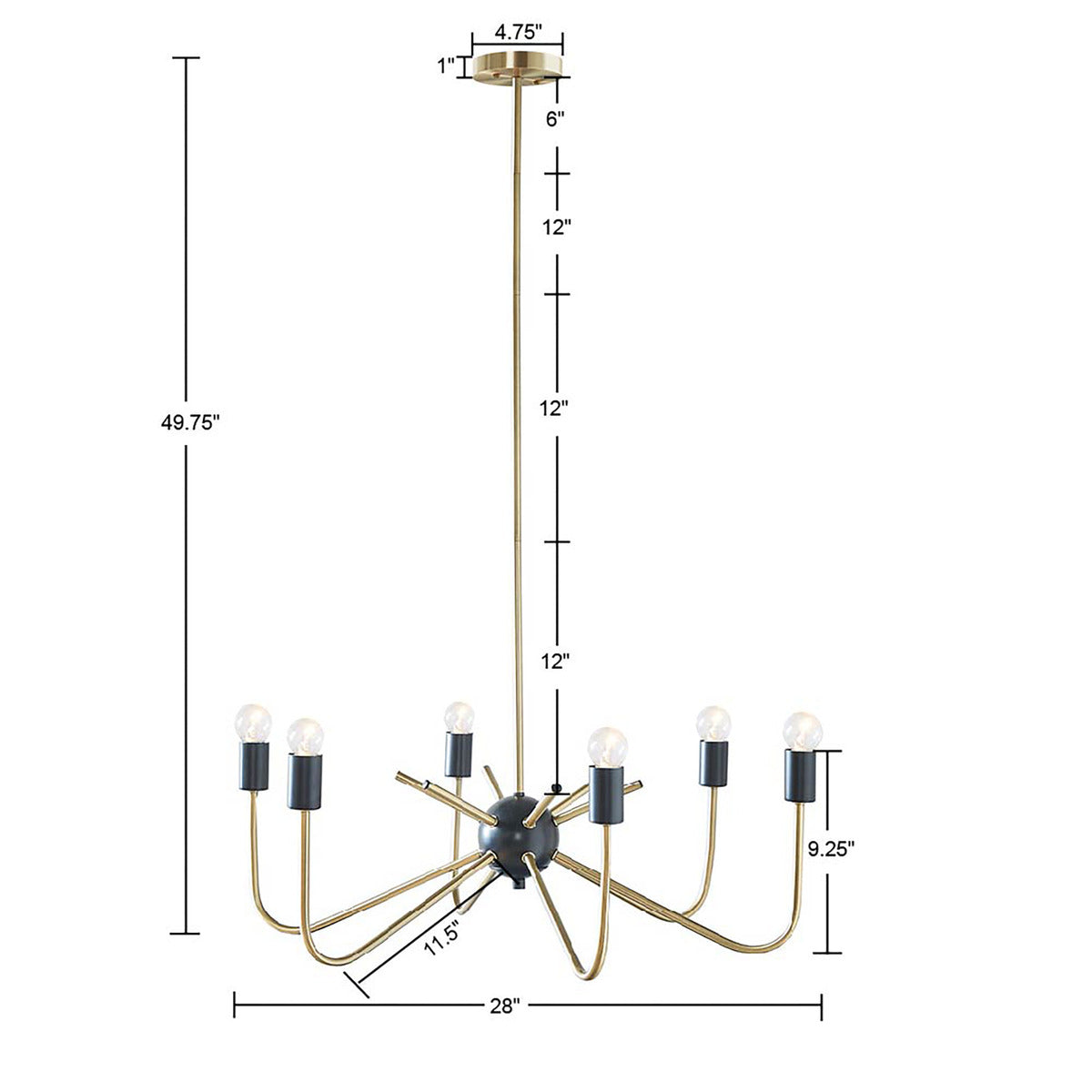 6-Light Antique Brass & Black Chandelier | Modern Two-Tone Ceiling Light with Upright Angular Arms — Adjustable 19"–49", Dining Room & Kitchen