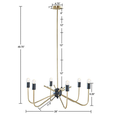 6-Light Antique Brass & Black Chandelier | Modern Two-Tone Ceiling Light with Upright Angular Arms — Adjustable 19"–49", Dining Room & Kitchen