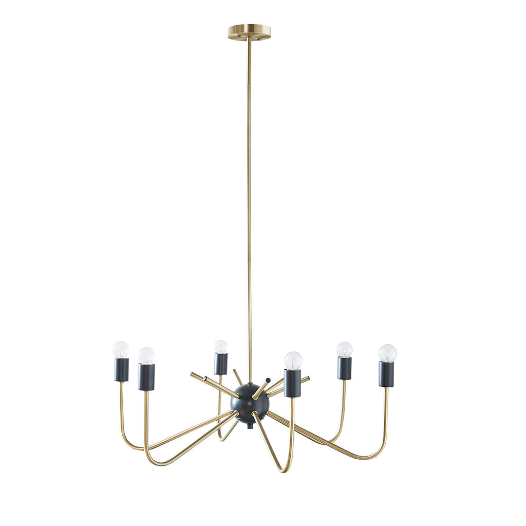 6-Light Antique Brass & Black Chandelier | Modern Two-Tone Ceiling Light with Upright Angular Arms — Adjustable 19"–49", Dining Room & Kitchen